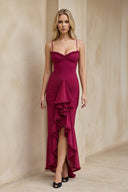 Ruched Maxi Dress With Ruffles in Burgundy - KISS BRIDAL