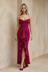 Ruched Maxi Dress With Ruffles in Burgundy - KISS BRIDAL