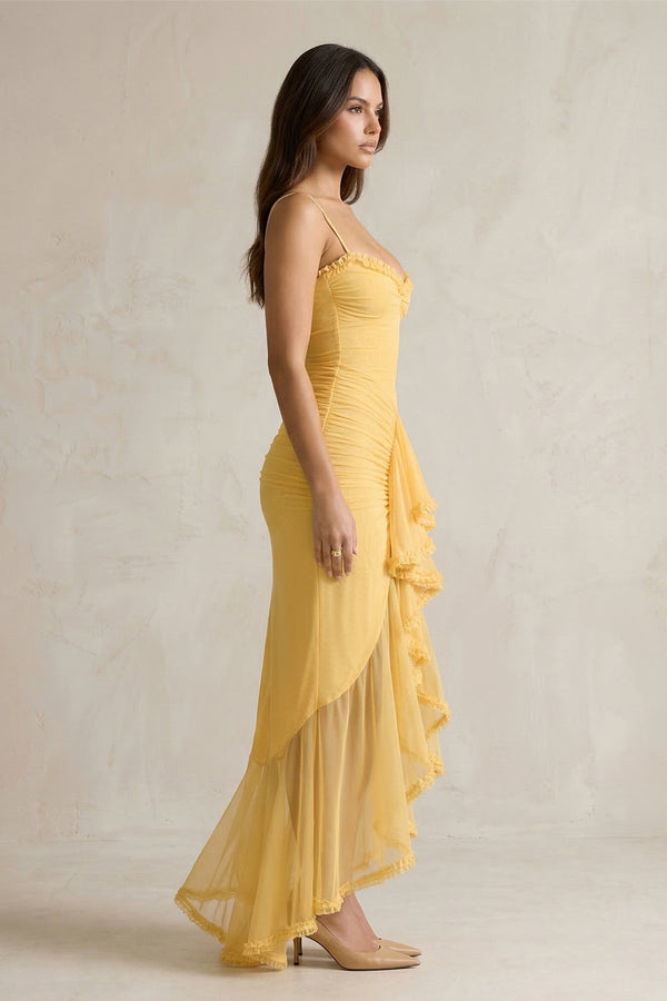 Ruched Maxi Dress With Ruffles in Yellow - SHE IS ME Prom Dresses