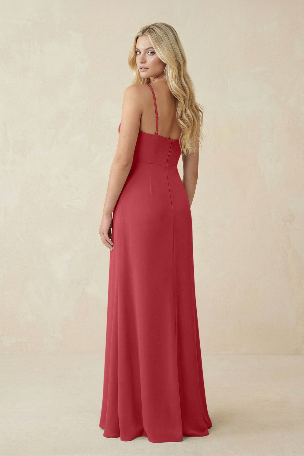 Ruched Sheath Spaghetti Strap Chiffon Bridesmaid Dress in Merlot - KISS BRIDAL BRIDESMAID DRESSES