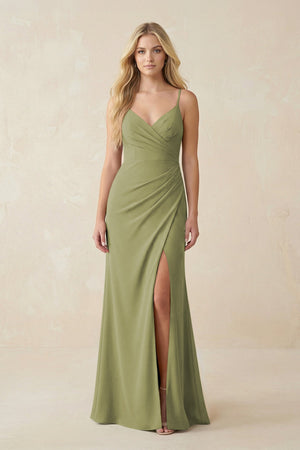 Ruched Sheath Spaghetti Strap Chiffon Bridesmaid Dress in Moss Green - SHE IS ME BRIDESMAID DRESSES