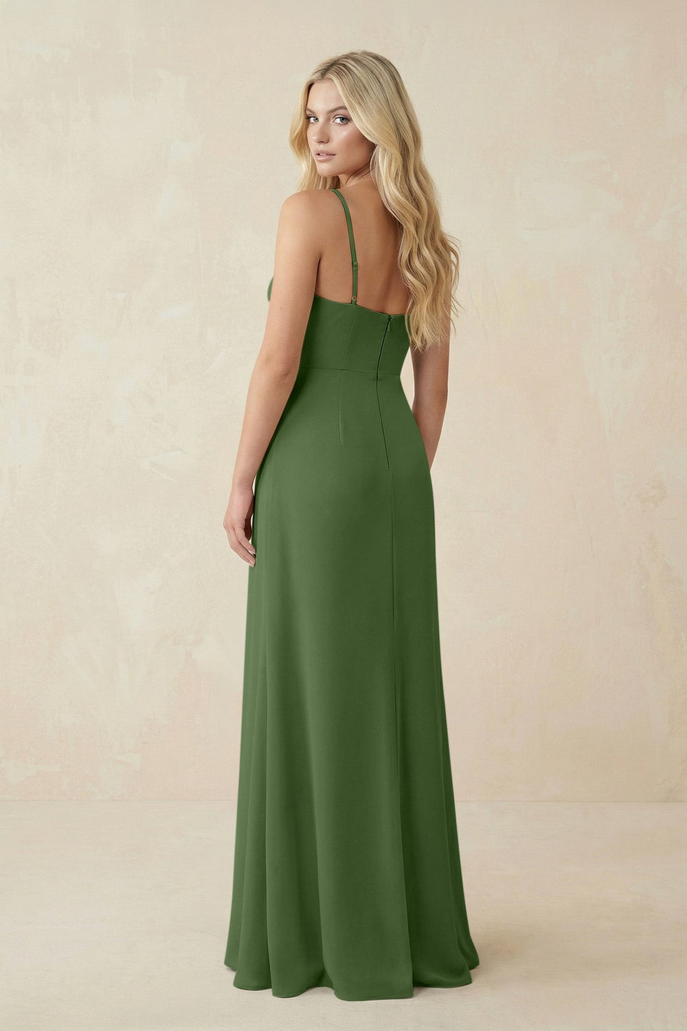 Ruched Sheath Spaghetti Strap Chiffon Bridesmaid Dress in Moss - KISS BRIDAL BRIDESMAID DRESSES
