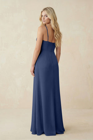 Ruched Sheath Spaghetti Strap Chiffon Bridesmaid Dress in Navy - SHE IS ME BRIDESMAID DRESSES