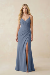 Ruched Sheath Spaghetti Strap Chiffon Bridesmaid Dress in Neptune - KISS BRIDAL BRIDESMAID DRESSES
