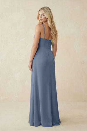 Ruched Sheath Spaghetti Strap Chiffon Bridesmaid Dress in Neptune - SHE IS ME BRIDESMAID DRESSES
