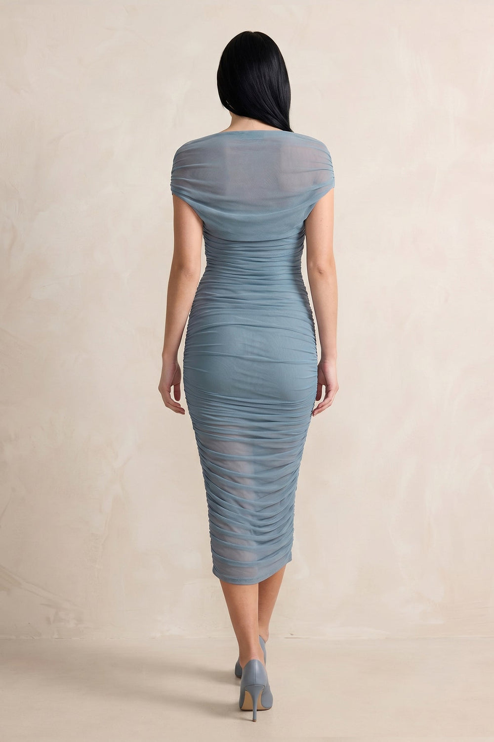 Ruched Off-the-Shoulder Midi Dress in Dusty Blue – KISS BRIDAL Dresses