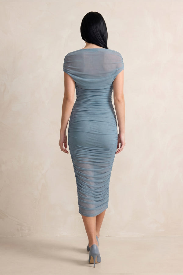Ruched Off-the-Shoulder Midi Dress in Dusty Blue – SHE IS ME Dresses