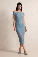Ruched Off-the-Shoulder Midi Dress in Dusty Blue – KISS BRIDAL Dresses