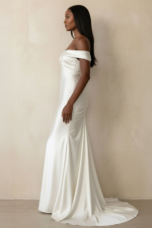 Ruched Off - the - Shoulder Satin Mermaid Wedding Dress in Ivory - SHE IS ME Wedding Dresses