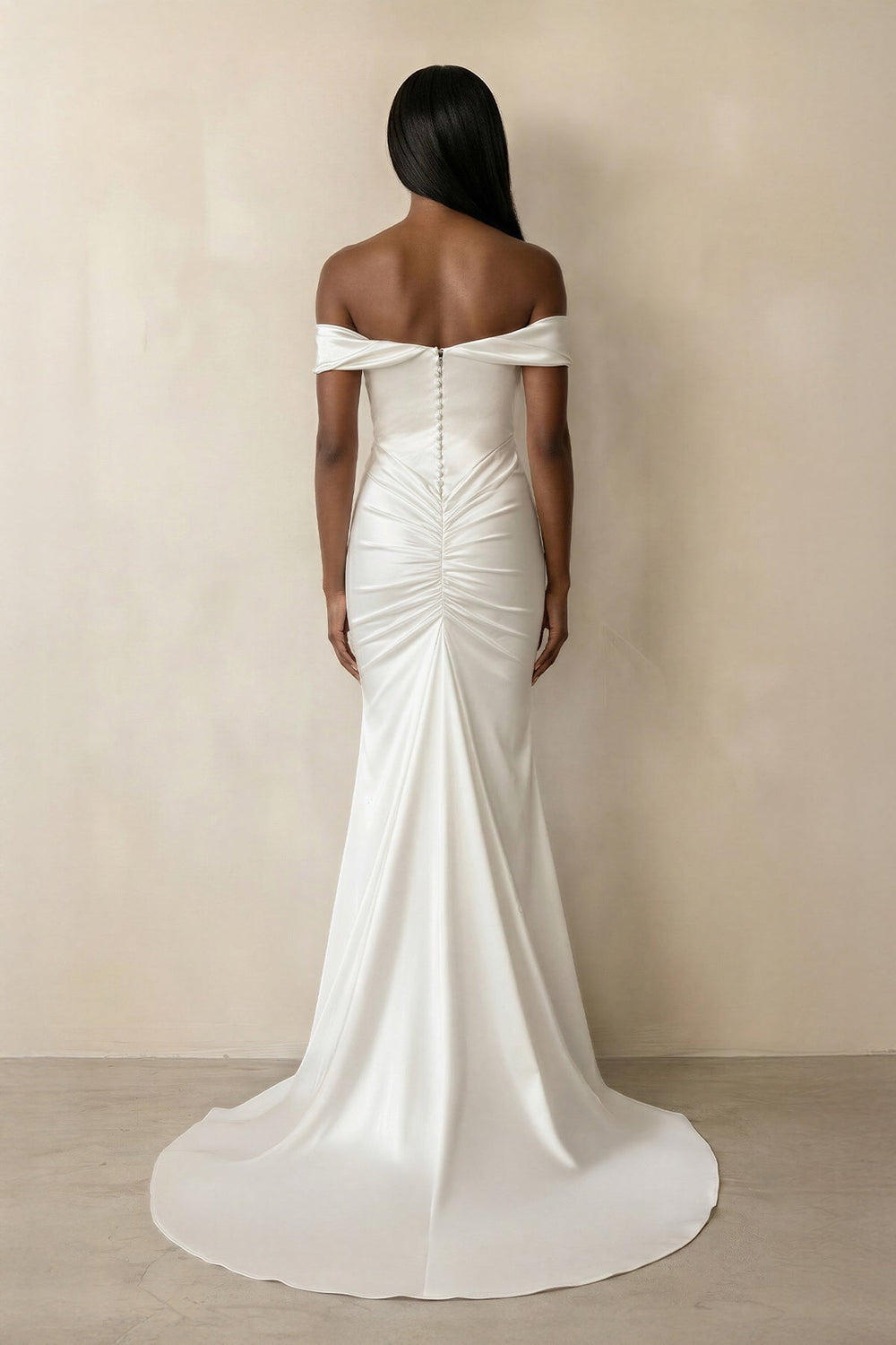 Ruched Off - the - Shoulder Satin Mermaid Wedding Dress in Ivory - KISS BRIDAL Wedding Dresses