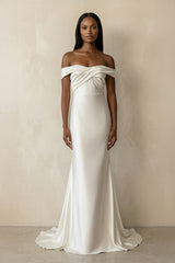 Ruched Off - the - Shoulder Satin Mermaid Wedding Dress in Ivory - KISS BRIDAL Wedding Dresses