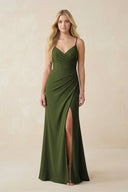 Ruched Sheath Spaghetti Strap Chiffon Bridesmaid Dress in Olive - SHE IS ME BRIDESMAID DRESSES