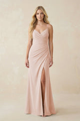 Ruched Sheath Spaghetti Strap Chiffon Bridesmaid Dress in Pale Blush - KISS BRIDAL BRIDESMAID DRESSES