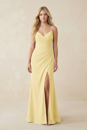 Ruched Sheath Spaghetti Strap Chiffon Bridesmaid Dress in Pastel Yello in Pastel Yellow - SHE IS ME BRIDESMAID DRESSES