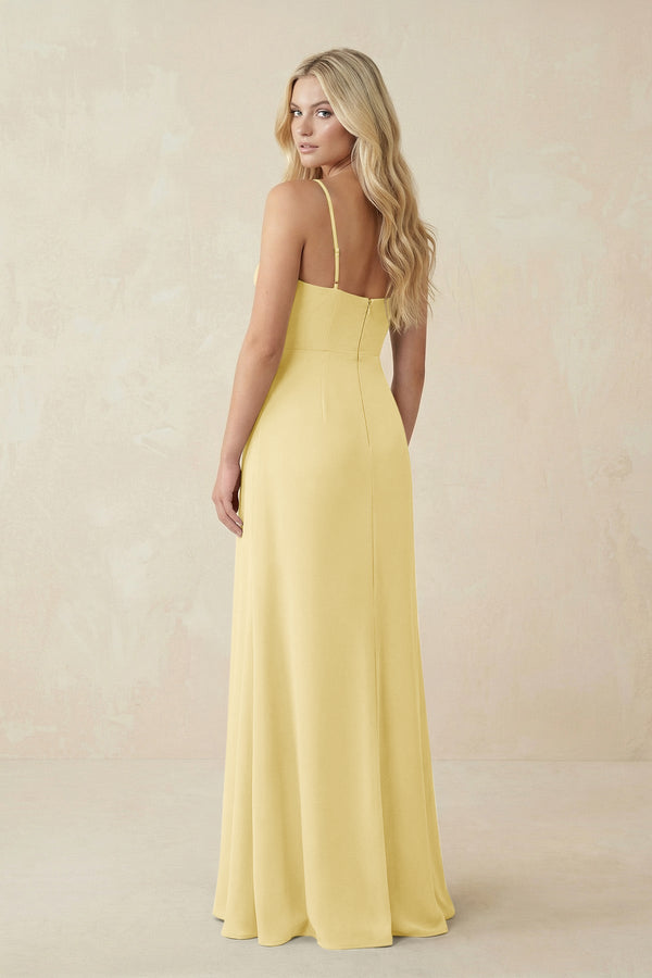 Ruched Sheath Spaghetti Strap Chiffon Bridesmaid Dress in Pastel Yello in Pastel Yellow - SHE IS ME BRIDESMAID DRESSES