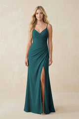 Ruched Sheath Spaghetti Strap Chiffon Bridesmaid Dress in Pine - KISS BRIDAL BRIDESMAID DRESSES