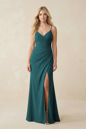 Ruched Sheath Spaghetti Strap Chiffon Bridesmaid Dress in Pine - SHE IS ME BRIDESMAID DRESSES