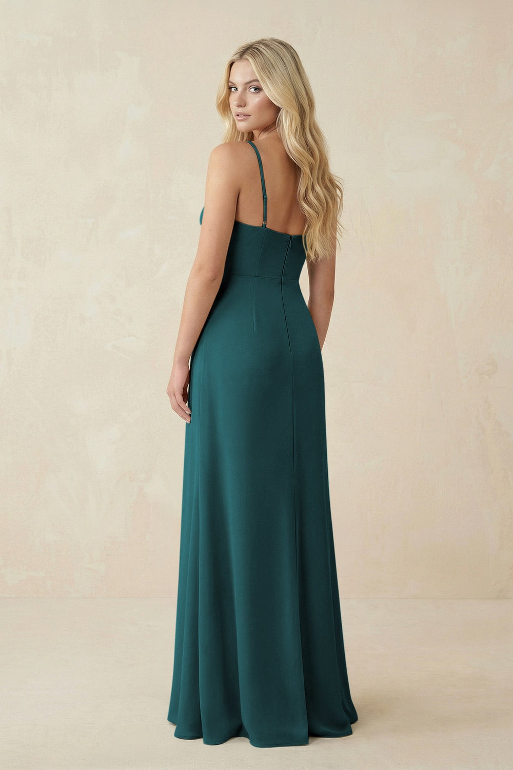 Ruched Sheath Spaghetti Strap Chiffon Bridesmaid Dress in Pine - KISS BRIDAL BRIDESMAID DRESSES
