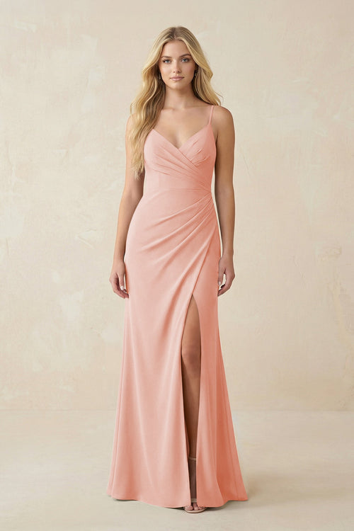 Ruched Sheath Spaghetti Strap Chiffon Bridesmaid Dress in Rose Petal - SHE IS ME BRIDESMAID DRESSES