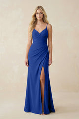 Ruched Sheath Spaghetti Strap Chiffon Bridesmaid Dress in Royal Blue - KISS BRIDAL BRIDESMAID DRESSES