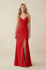 Ruched Sheath Spaghetti Strap Chiffon Bridesmaid Dress in Ruby Red - KISS BRIDAL BRIDESMAID DRESSES
