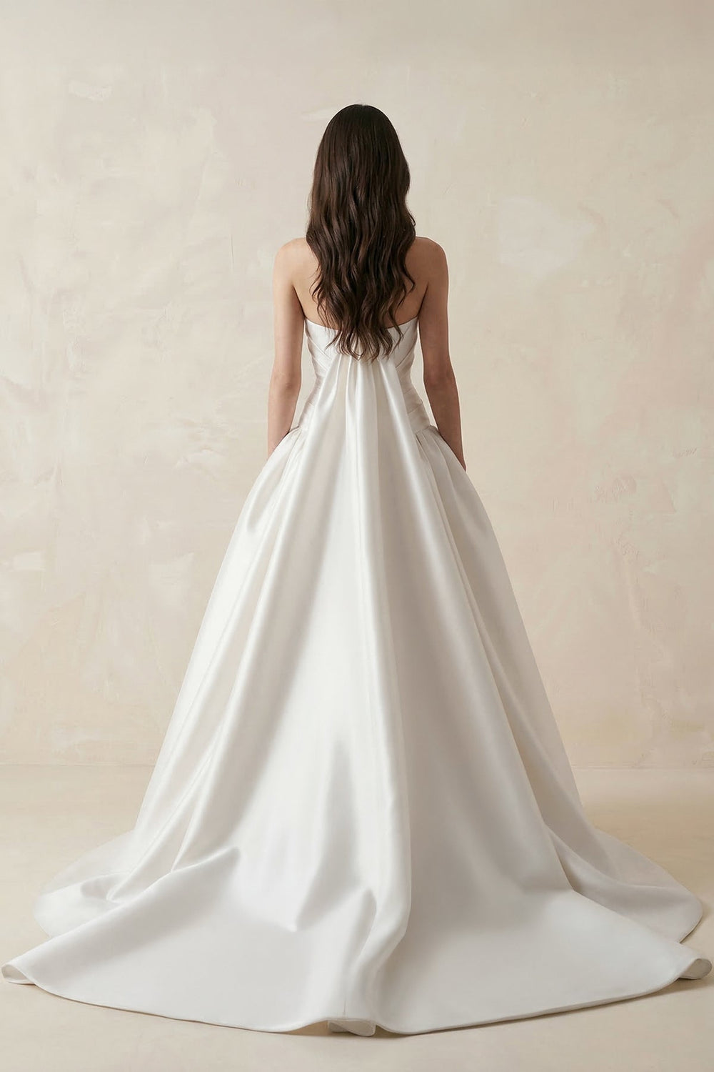 Ruched Satin Strapless Ball Gown Wedding Dress in White - SHE IS ME Wedding Dresses