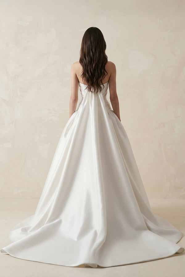 Ruched Satin Strapless Ball Gown Wedding Dress in White - SHE IS ME Wedding Dresses