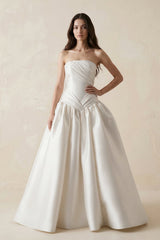 Ruched Satin Strapless Ball Gown Wedding Dress in White - KISS BRIDAL Wedding Dresses
