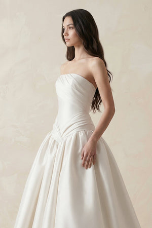 Ruched Satin Strapless Ball Gown Wedding Dress in White - SHE IS ME Wedding Dresses