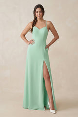 Ruched Sheath Chiffon Bridesmaid Dress in Pale Pistachio - KISS BRIDAL BRIDESMAID DRESSES