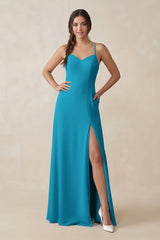 Ruched Sheath Chiffon Bridesmaid Dress in Blue Jay - KISS BRIDAL BRIDESMAID DRESSES