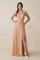Ruched Sheath Chiffon Bridesmaid Dress in Champagne Rose - KISS BRIDAL BRIDESMAID DRESSES