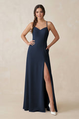 Ruched Sheath Chiffon Bridesmaid Dress in Dark Navy - KISS BRIDAL BRIDESMAID DRESSES