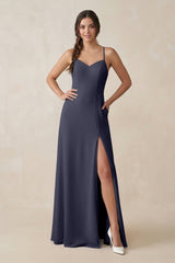 Ruched Sheath Chiffon Bridesmaid Dress in Dusk Blue - KISS BRIDAL BRIDESMAID DRESSES