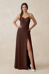 Ruched Sheath Chiffon Bridesmaid Dress in Espresso - KISS BRIDAL BRIDESMAID DRESSES