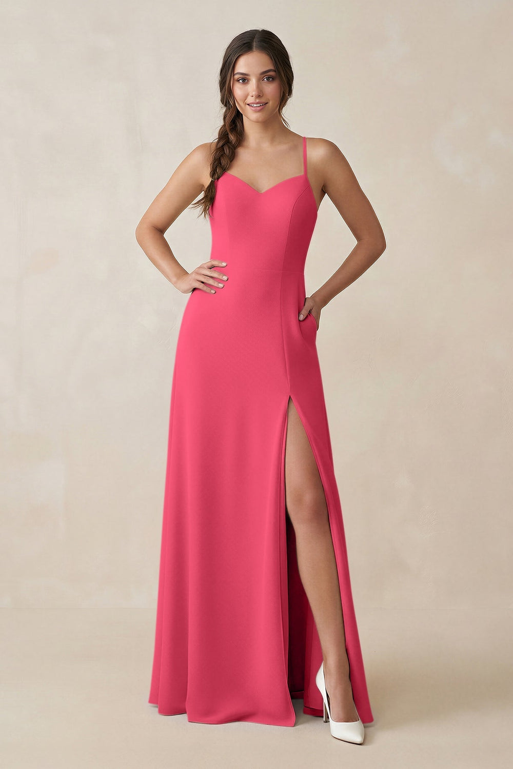 Ruched Sheath Chiffon Bridesmaid Dress in Fuchsia - KISS BRIDAL BRIDESMAID DRESSES