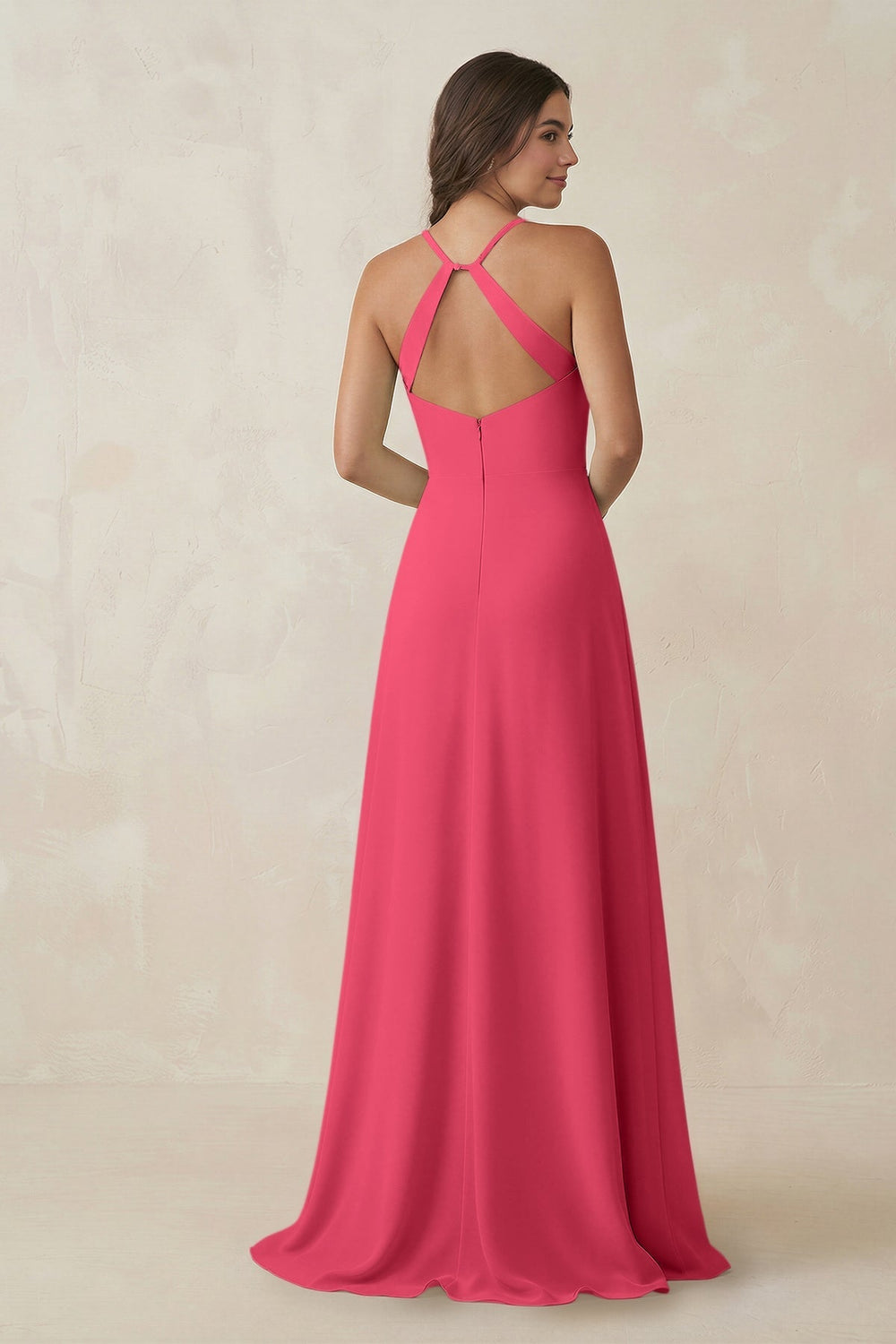 Ruched Sheath Chiffon Bridesmaid Dress in Fuchsia - KISS BRIDAL BRIDESMAID DRESSES