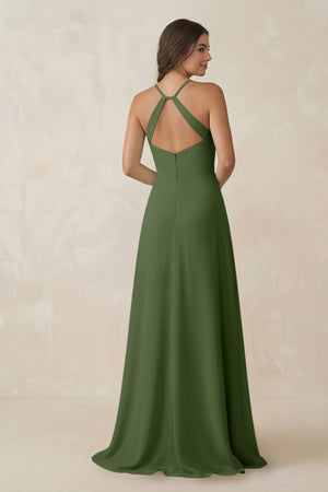 Ruched Sheath Chiffon Bridesmaid Dress in Moss (2) | KISSBRIDAL