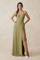 Ruched Sheath Chiffon Bridesmaid Dress in Moss Green | KISSBRIDAL