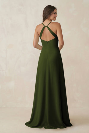Ruched Sheath Chiffon Bridesmaid Dress in Olive - SHE IS ME BRIDESMAID DRESSES