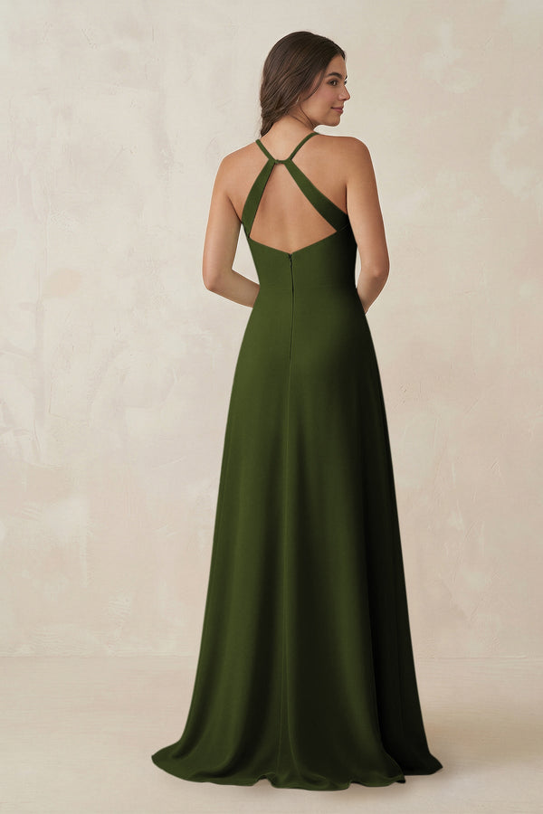 Ruched Sheath Chiffon Bridesmaid Dress in Olive - SHE IS ME BRIDESMAID DRESSES