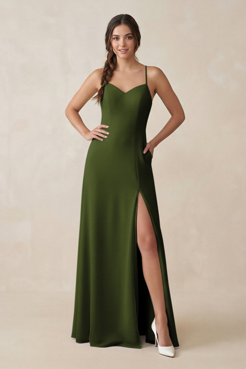 Ruched Sheath Chiffon Bridesmaid Dress in Olive - KISS BRIDAL BRIDESMAID DRESSES