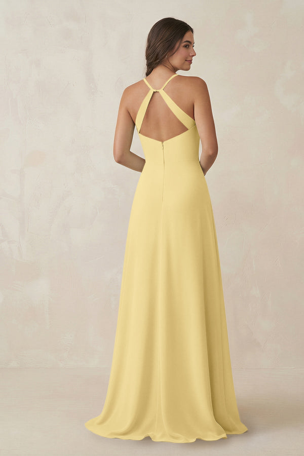 Ruched Sheath Chiffon Bridesmaid Dress in Pastel Yellow - SHE IS ME BRIDESMAID DRESSES