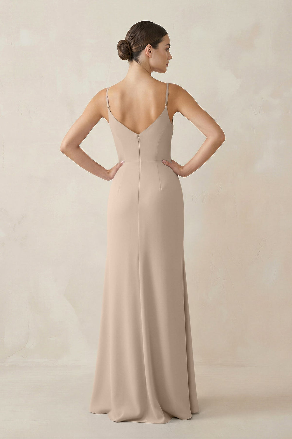 Ruched Sheath Spaghetti Strap Chiffon Bridesmaid Dress in Almond - KISS BRIDAL Bridesmaid Dresses