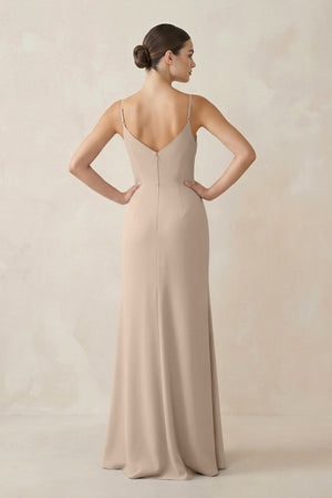 Ruched Sheath Spaghetti Strap Chiffon Bridesmaid Dress in Almond - SHE IS ME Bridesmaid Dresses