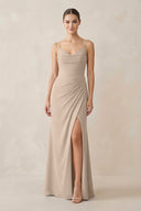 Ruched Sheath Spaghetti Strap Chiffon Bridesmaid Dress in Almond - SHE IS ME Bridesmaid Dresses