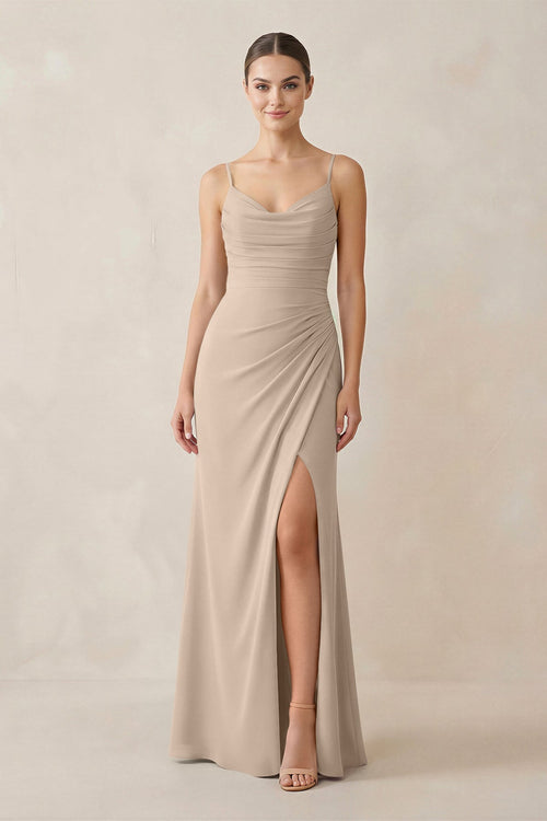 Ruched Sheath Spaghetti Strap Chiffon Bridesmaid Dress in Almond - SHE IS ME Bridesmaid Dresses