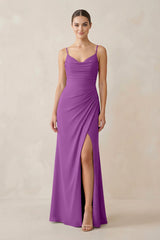 Ruched Sheath Spaghetti Strap Chiffon Bridesmaid Dress in Amethyst - KISS BRIDAL Bridesmaid Dresses