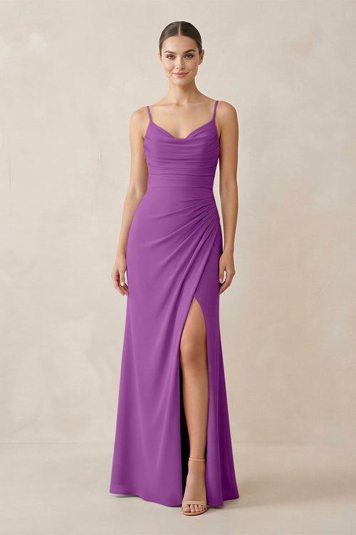 Ruched Sheath Spaghetti Strap Chiffon Bridesmaid Dress in Amethyst - SHE IS ME Bridesmaid Dresses