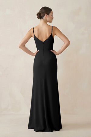 Ruched Sheath Spaghetti Strap Chiffon Bridesmaid Dress in Black - SHE IS ME Bridesmaid Dresses